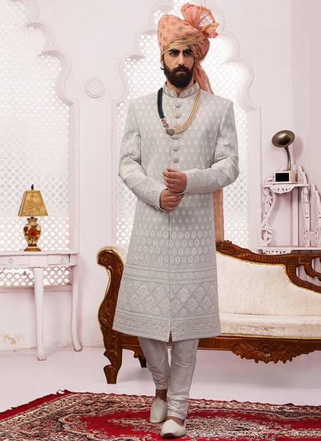 Light Gray Colour Wedding Wear Embroidery Work Sherwani Groom Latest Collection 9011